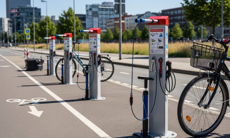 Öffentliche Fahrradreparaturstation mit Pumpe und gesicherten Werkzeugen
