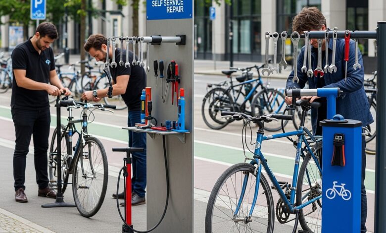 Radfahrerin nutzt Werkzeug an einer öffentlichen Fahrradreparaturstation