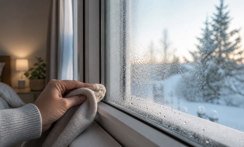 Kondenswasser an einem Fenster innen abwischen