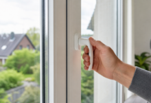 Klemmender Fenstergriff an einem modernen weißen Fenster