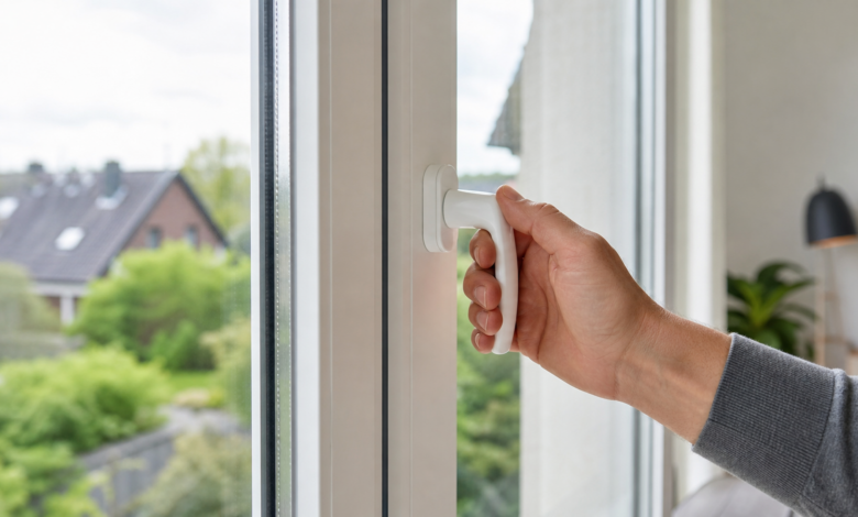 Klemmender Fenstergriff an einem modernen weißen Fenster