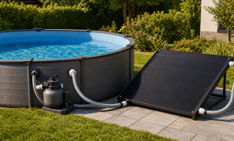 Solarabsorber als selbst gebaute Poolheizung an einem Gartenpool mit sicherem Bypass