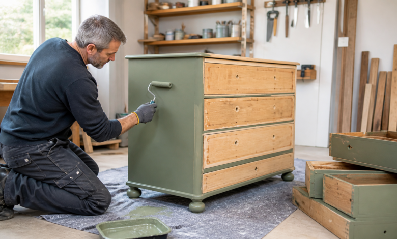 Alte Holzkommode wird mit einer feinen Rolle salbeigrün lackiert