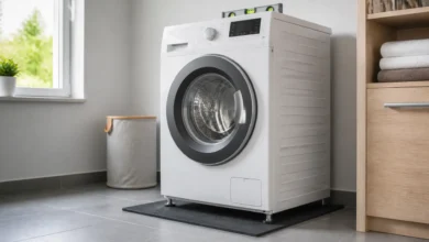 Gerade ausgerichtete Waschmaschine auf einer schwarzen Antivibrationsmatte