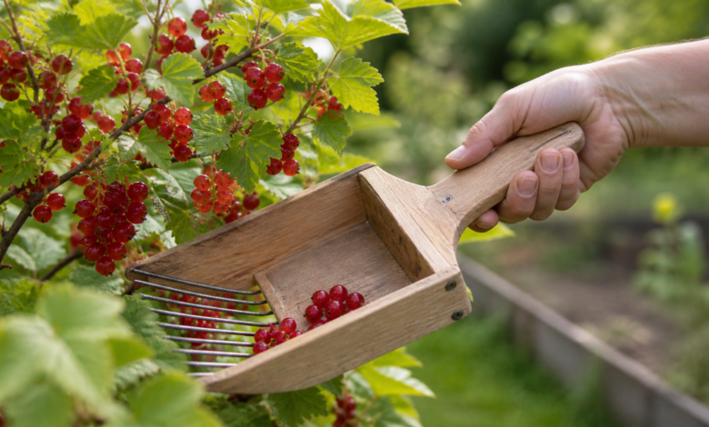 Handgefertigter Beerenkamm bei der Ernte roter Johannisbeeren