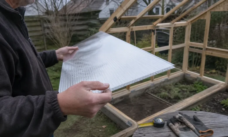 Doppelstegplatten – Heimwerker prüft eine transparente Polycarbonat-Stegplatte am Gewächshausdach