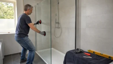 Heimwerker montiert eine gläserne Duschwand mit Saughebern