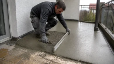 Estrich wird auf alten Außenfliesen einer Terrasse abgezogen