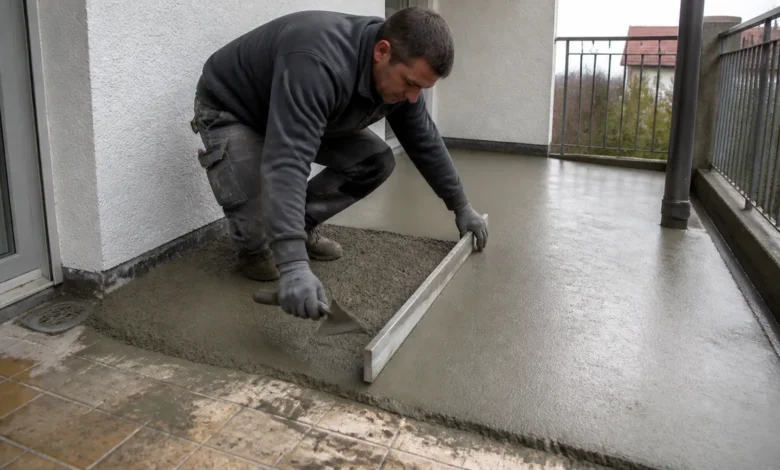 Estrich wird auf alten Außenfliesen einer Terrasse abgezogen