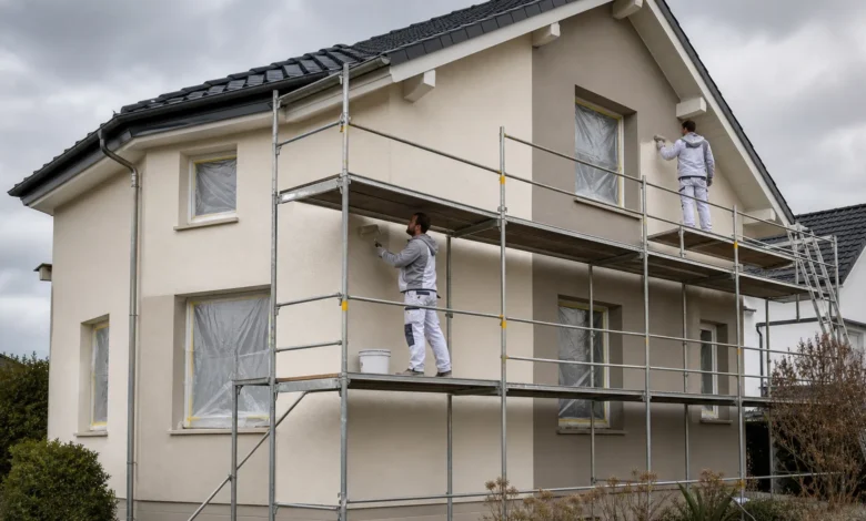 Zweifarbige Hausfassade wird vom sicheren Gerüst gestrichen