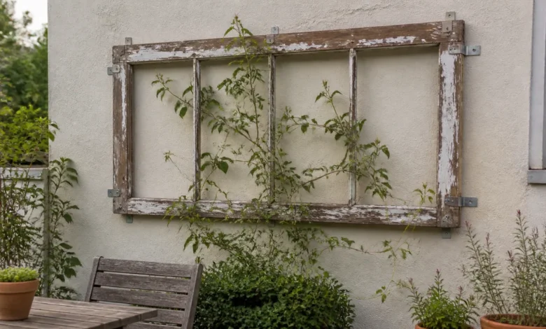 Alter Holzfensterrahmen ohne Glas als sichere Rankhilfe an einer Terrassenwand
