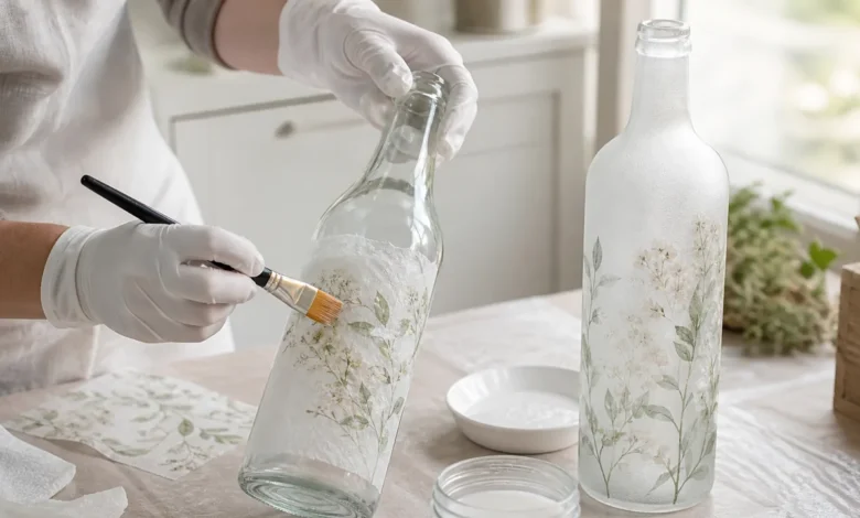 Glasflasche wird mit Serviettenmotiv und mattem Frosteffekt sicher dekoriert