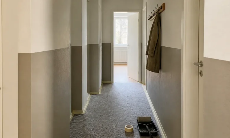 Schmaler Flur mit gerader zweifarbiger Wandgestaltung in Weiß und Taupe