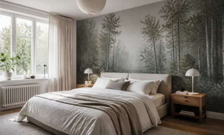 Schlafzimmer mit dezenter Fototapete als Waldmotiv hinter dem Bett