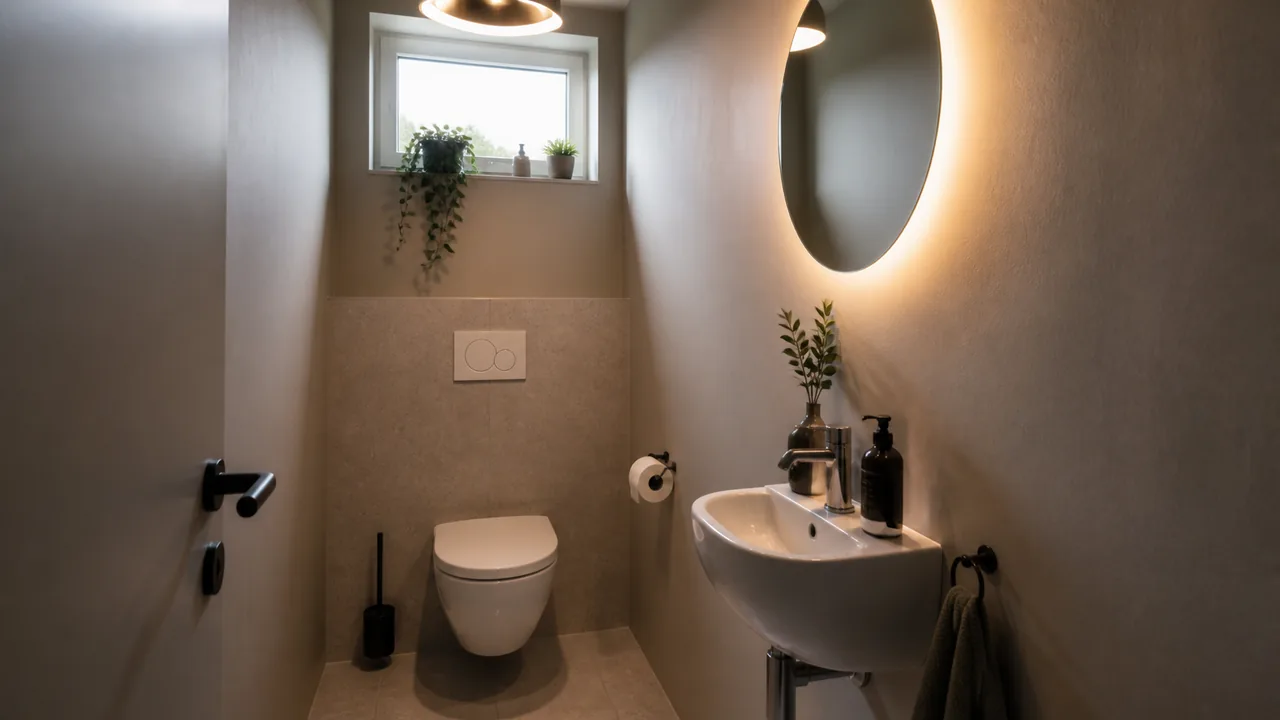 Warm beleuchteter Spiegel und Tageslicht in einem kleinen Gäste-WC