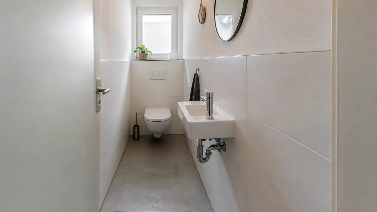 Langes und schmales Gäste-WC mit Toilette und platzsparendem Handwaschbecken