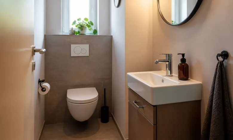 Modern gestaltetes kleines Gäste-WC mit hellem Waschtisch und praktischem Stauraum