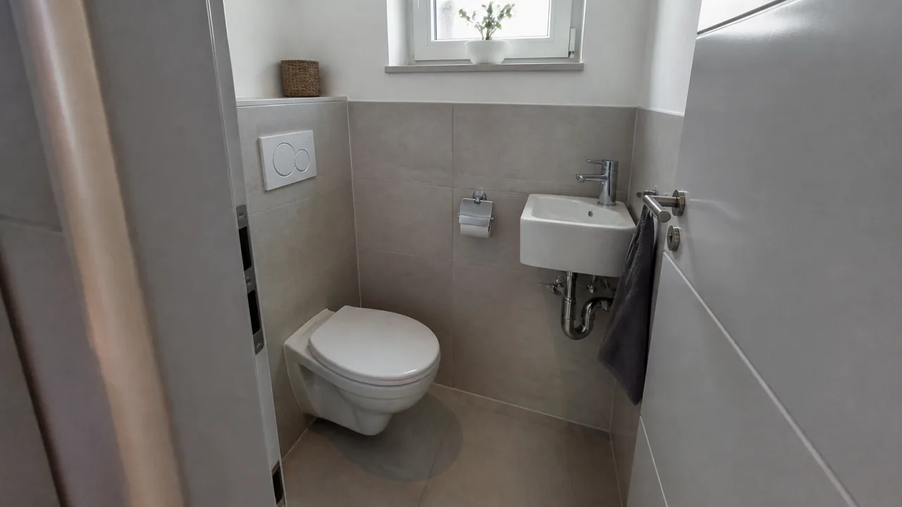 Nahezu quadratisches kleines Gäste-WC mit zentraler Bewegungsfläche