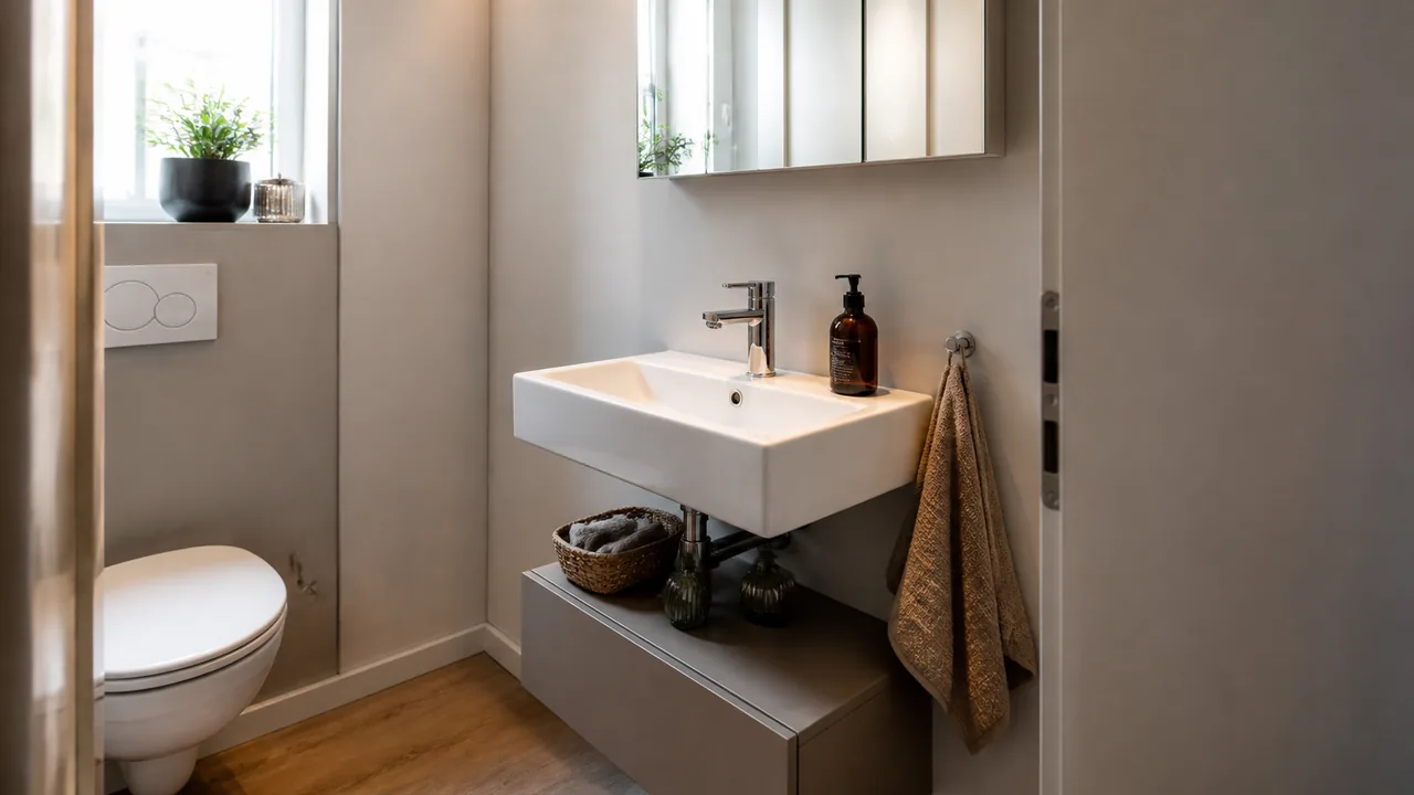 Kompaktes Handwaschbecken mit Spiegel und praktischem Stauraum im Gäste-WC