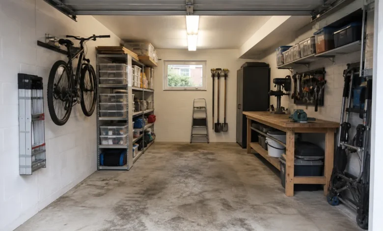 Garage einrichten – geordnete Einzelgarage mit Regalen, Werkbank und Fahrradhalter