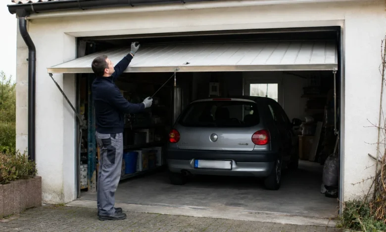Günstiges manuelles Schwingtor an einer Einzelgarage beim Funktionscheck