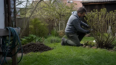 Gartenpflege im Frühjahr mit Heckenschnitt, Mulch und Gartenschlauch