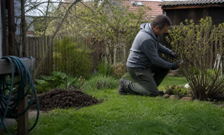 Sommerfester Garten mit Mulch, Tropfbewässerung und schattigem Sitzplatz