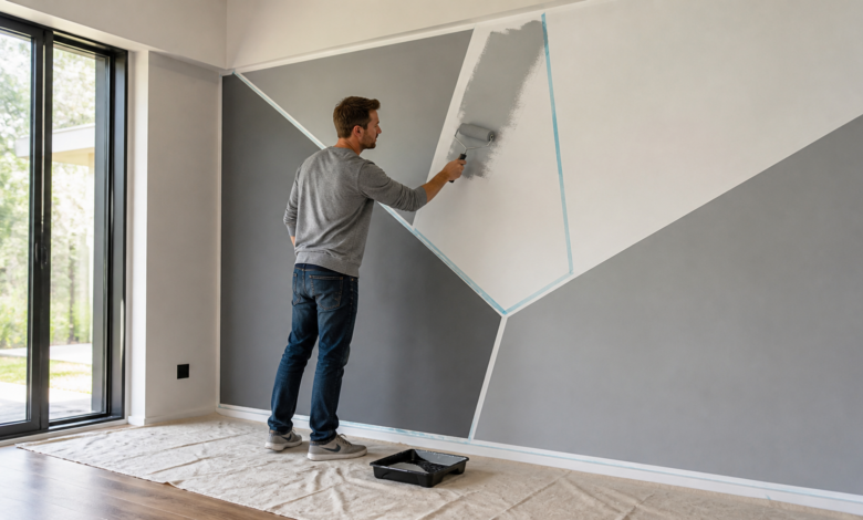 Geometrisches Wandmuster wird in warmen und kühlen Grautönen gestrichen