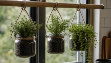 Hängende Kräutertöpfe aus wiederverwendeten Einmachgläsern