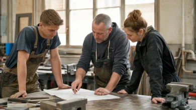 Erfahrener Handwerksmeister bespricht einen Projektplan mit seinem Team