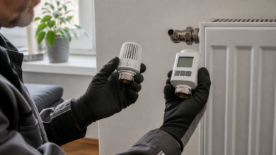 Heizungsmonteur vergleicht mechanischen und elektronischen Thermostatkopf