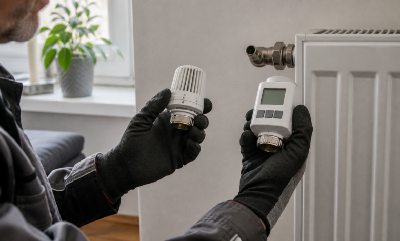 Heizungsmonteur vergleicht mechanischen und elektronischen Thermostatkopf