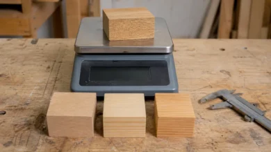 Gleich große Holzproben werden auf einer Werkstattwaage verglichen