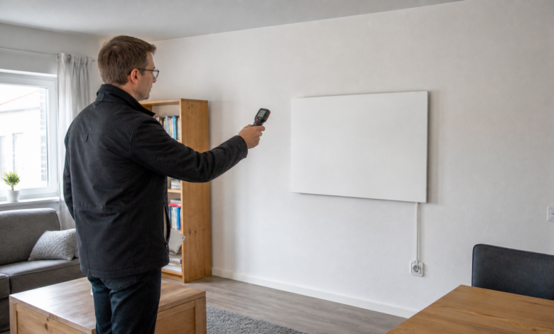 Energieberater prüft Leistung und Platzierung einer Infrarotheizung