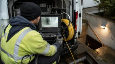 Kanaltechniker prüft eine Rohrleitung mit einer Inspektionskamera