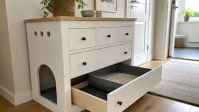 Verstecktes Katzenklo in einer umgebauten niedrigen Kommode