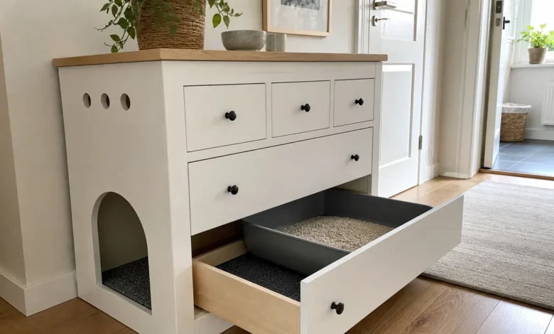 Verstecktes Katzenklo in belüfteter IKEA-MALM-Kommode mit großem Einstieg
