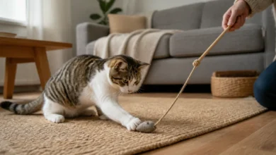 Katze spielt unter Aufsicht mit einer selbst genähten Stoffmaus an einer Spielangel