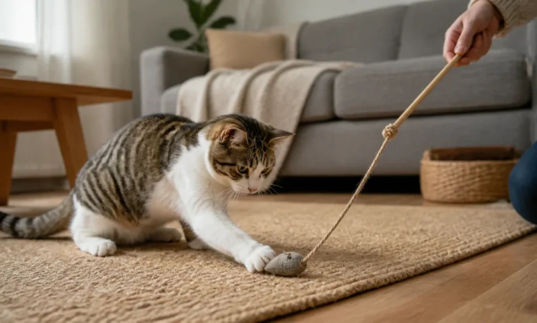 Katze spielt unter Aufsicht mit einer selbst genähten Stoffmaus an einer Spielangel