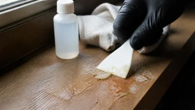 Klebereste werden mit einem Kunststoffschaber von Holz entfernt