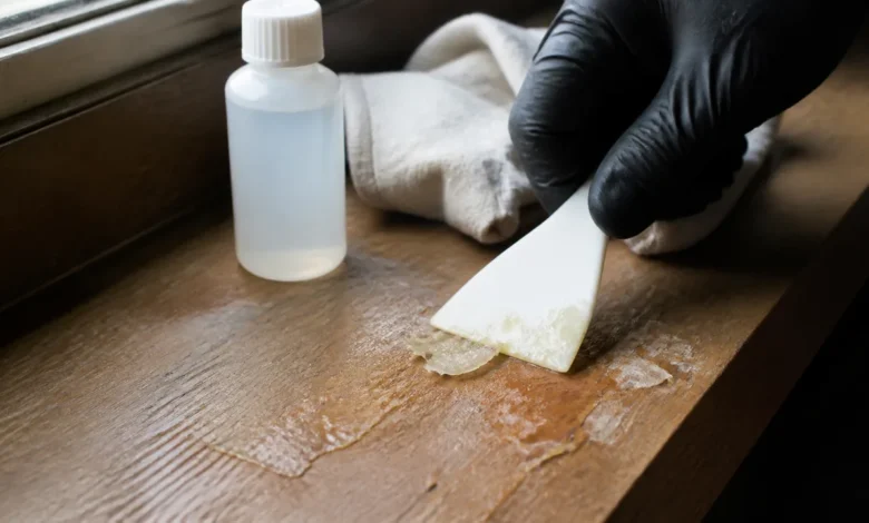 Klebereste werden mit einem Kunststoffschaber von Holz entfernt