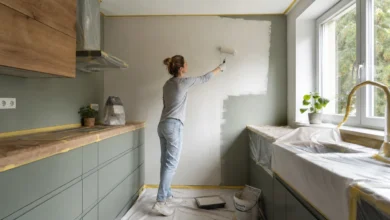 Frau streicht eine sorgfältig abgeklebte Küchenwand in einem warmen Weißton