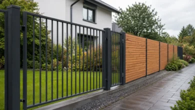 Moderner Zaun aus Metall und Holz als abgestufter Sichtschutz im Garten