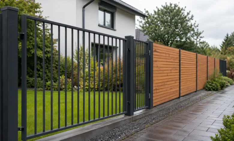 Moderner Zaun aus Metall und Holz als abgestufter Sichtschutz im Garten
