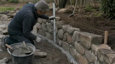 Natursteinmauer wird auf verdichteter Tragschicht mit Richtschnur ausgerichtet
