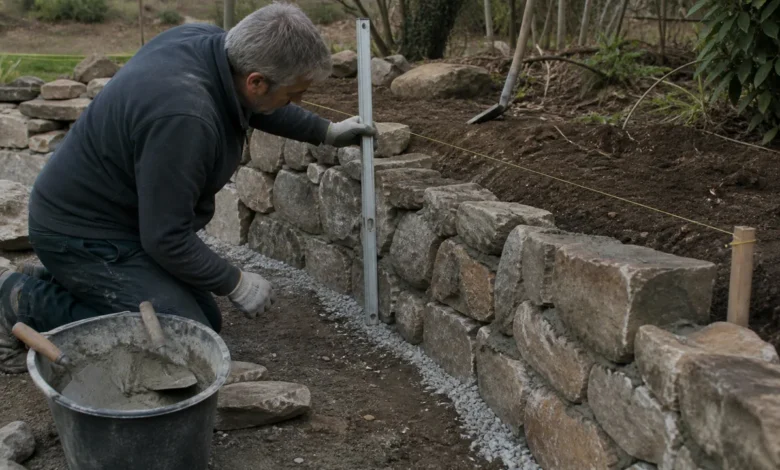 Natursteinmauer wird auf verdichteter Tragschicht mit Richtschnur ausgerichtet