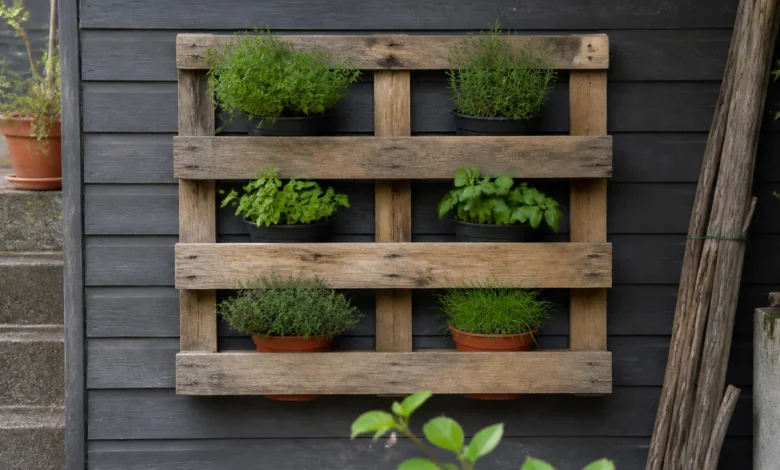 Sicher befestigtes Palettenregal aus Holz mit Kräutertöpfen im Garten