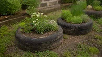 Bepflanzte gebrauchte Autoreifen in einem natürlichen Garten