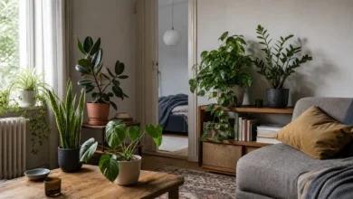 Verschiedene pflegeleichte Zimmerpflanzen in einem bewohnten Wohnzimmer