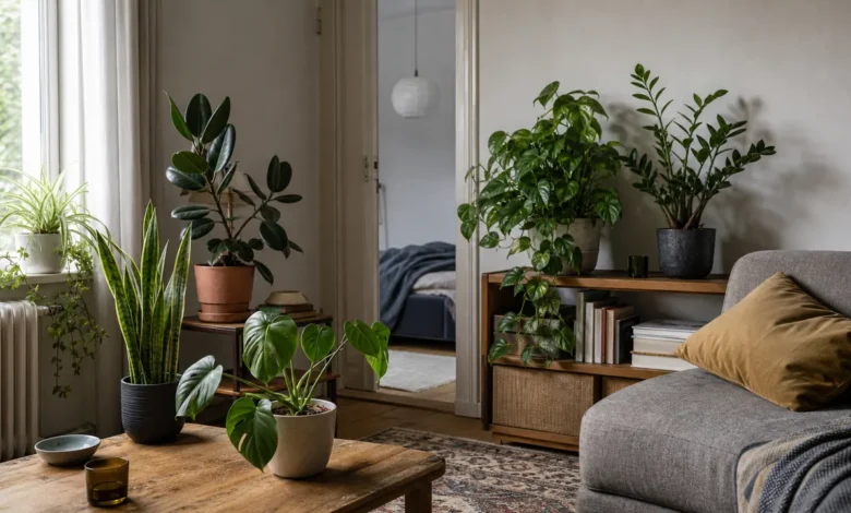Verschiedene pflegeleichte Zimmerpflanzen in einem bewohnten Wohnzimmer